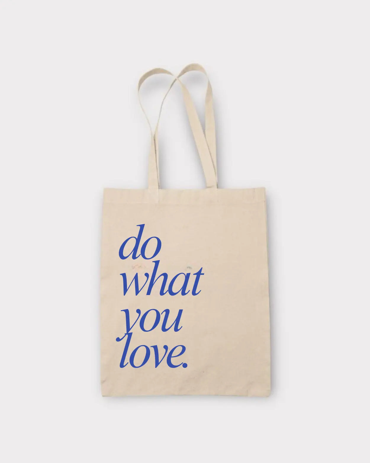 Beige tote bag with 'do what you love' text in blue
