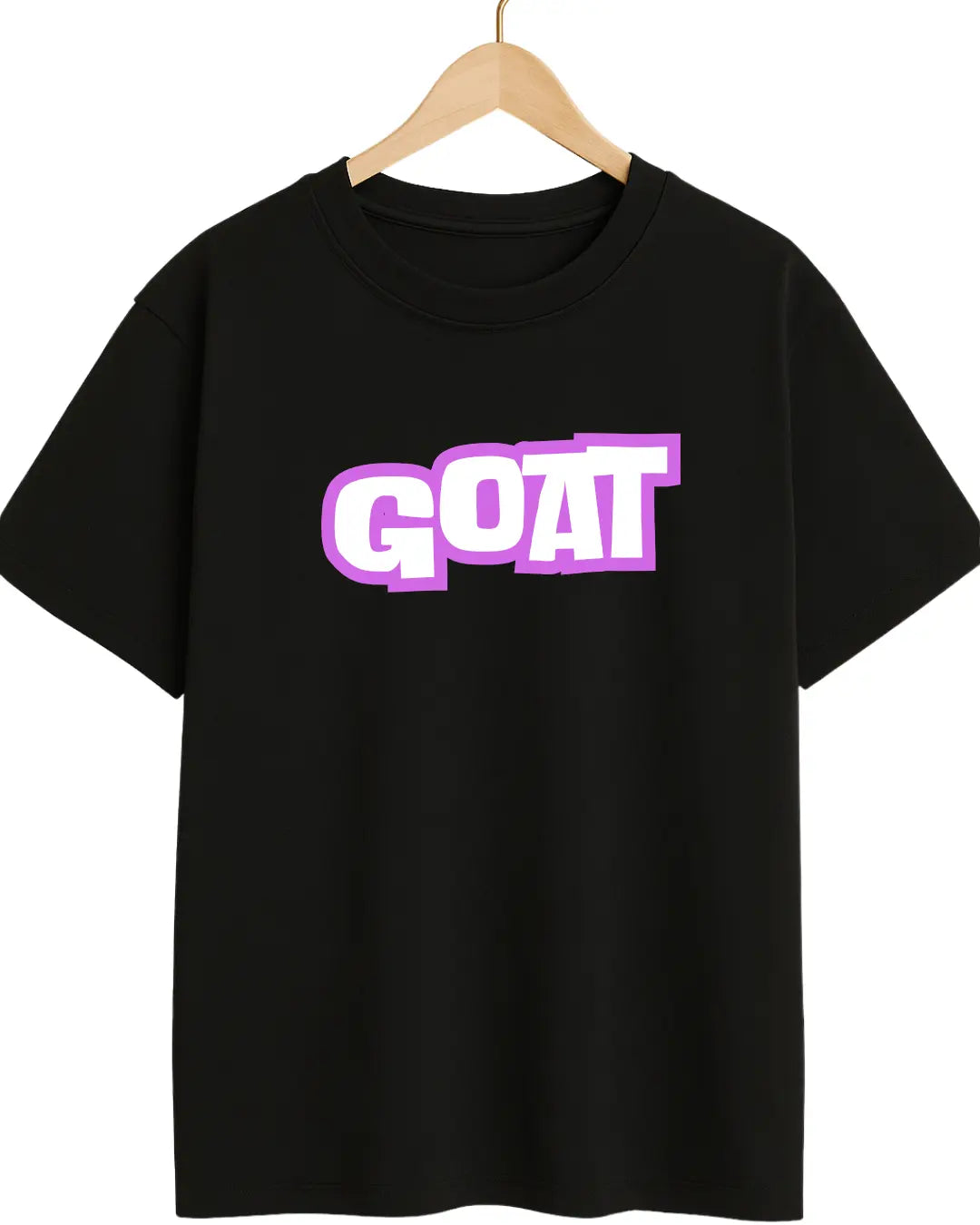 Black t-shirt with 'GOAT' text in purple on it