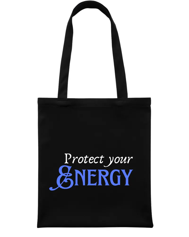 A black canvas tote bag with two shoulder straps, featuring the printed text 'Protect your &ENERGY' in white and blue lettering on the front, set against a plain white background.