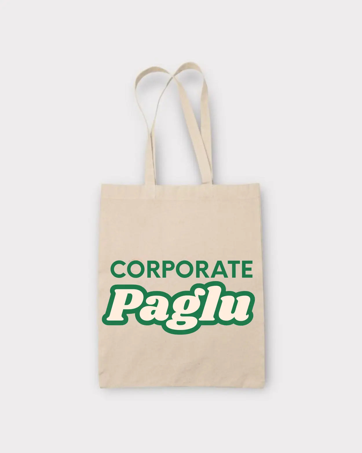 Beige tote bag with 'Corporate Paglu' text in green
