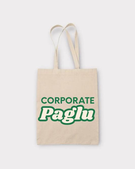 Beige tote bag with 'Corporate Paglu' text in green