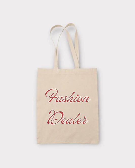 Beige tote bag with 'Fashion Dealer' text