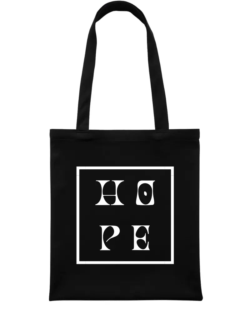 A black canvas tote bag with two shoulder straps, featuring a white graphic print on the front that spells 'HOPE' using stylized eye-like shapes inside a white square border.